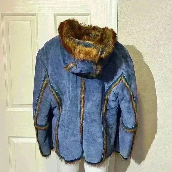 The LOOK Randolph Duke Womens Suede & Faux Fur Blue Fox Jacket Hood Size Large - Picture 2 of 16